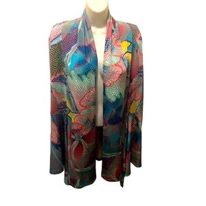 Clara Sun Woo Draped Tunic Open Concept Cardigan Sz. XL Colorful Print Slinky